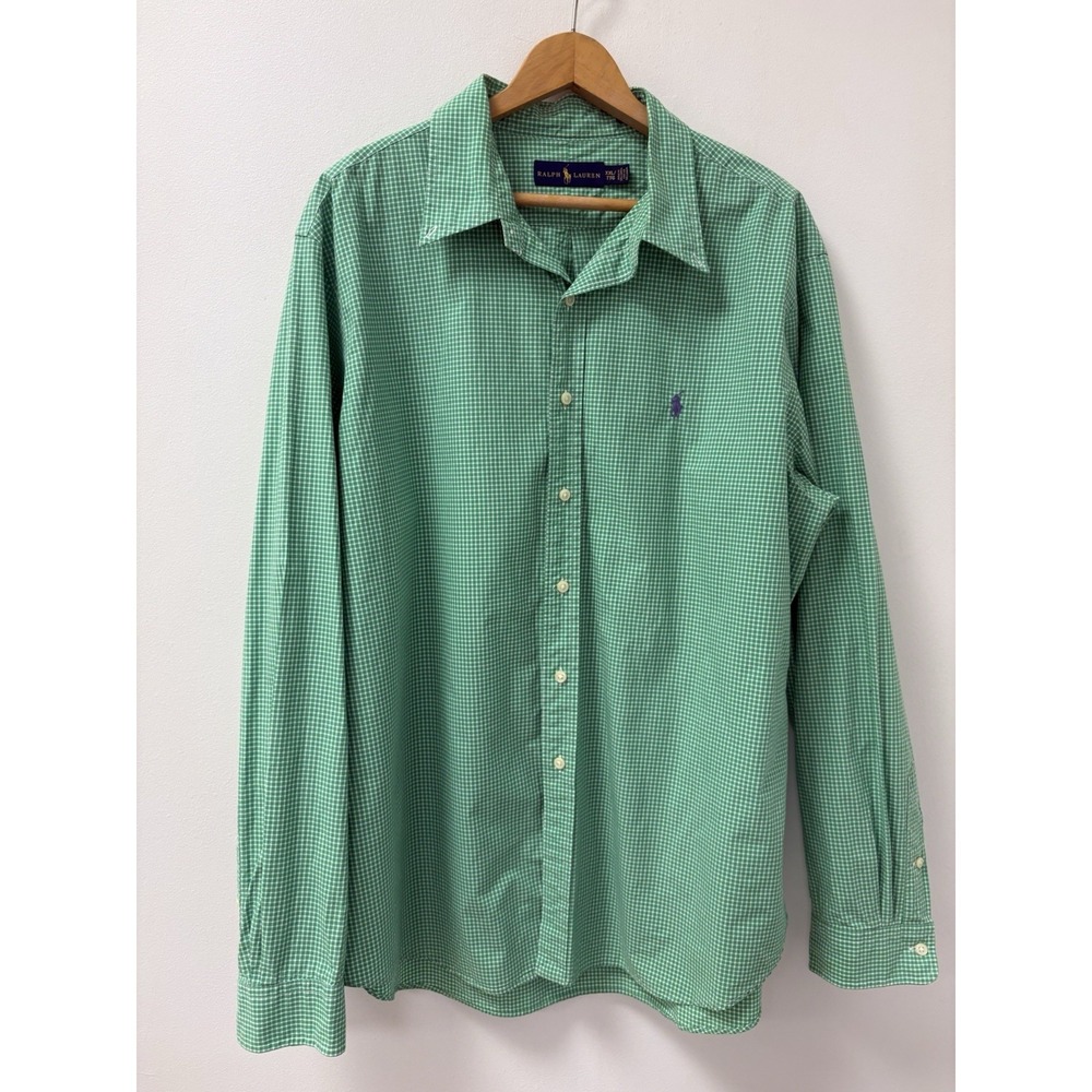 Ralph Lauren Mens 2XL Gingham Button Down Shirt Green & White Long Sleeve